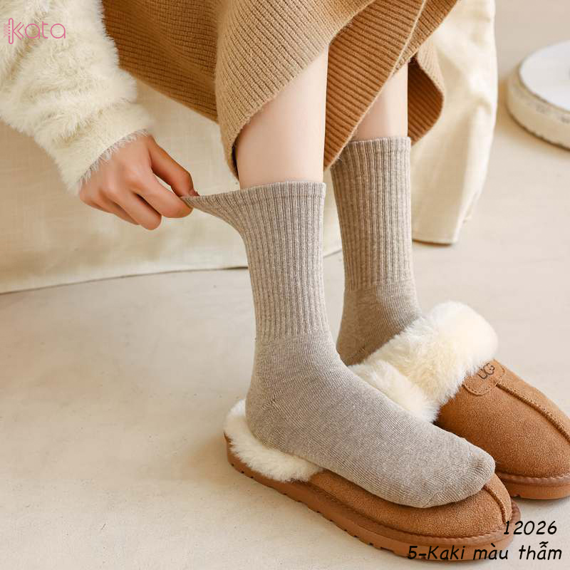 Tất vớ bông lông cừu mùa đông,tất cổ trung,tất màu trơn phong cách Nhật Bản nữ 12026
