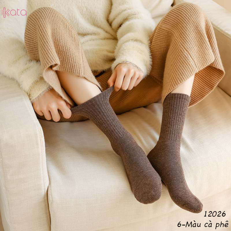 Tất vớ bông lông cừu mùa đông,tất cổ trung,tất màu trơn phong cách Nhật Bản nữ 12026
