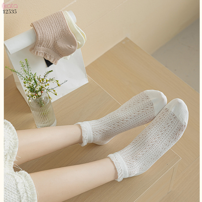 Tất ren lưới mỏng 100% cotton thoáng khí,tất cổ ngắn xuân hè 12535