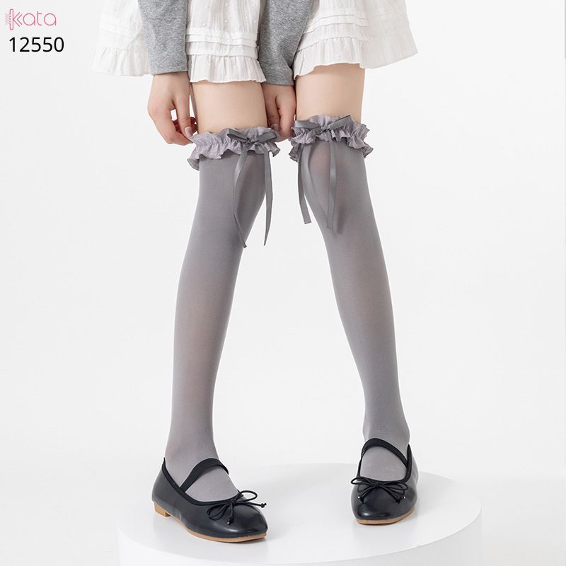 Tất nơ trắng qua đầu gối,tất ren mỏng lolita xuân hè phong cách ba lê 12550