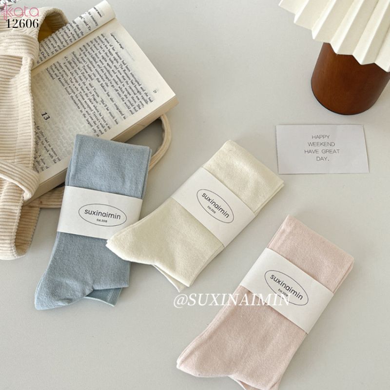 Tất thu đông nữ giữa bắp chân 100% cotton thoáng khí,tất không đường may loại tốt 12605