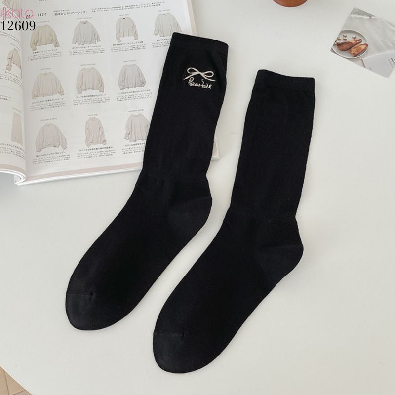 Tất thêu nơ 100% cotton,tất giữa bắp chân kiểu ba lê phong cách Nhật 12609