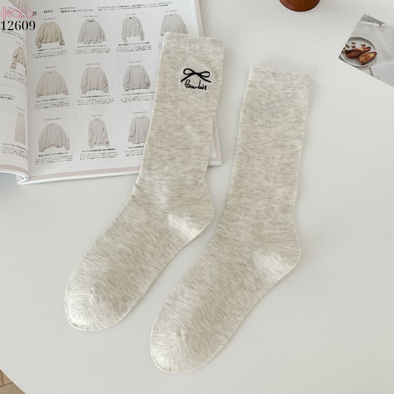 Tất thêu nơ 100% cotton,tất giữa bắp chân kiểu ba lê phong cách Nhật 12609