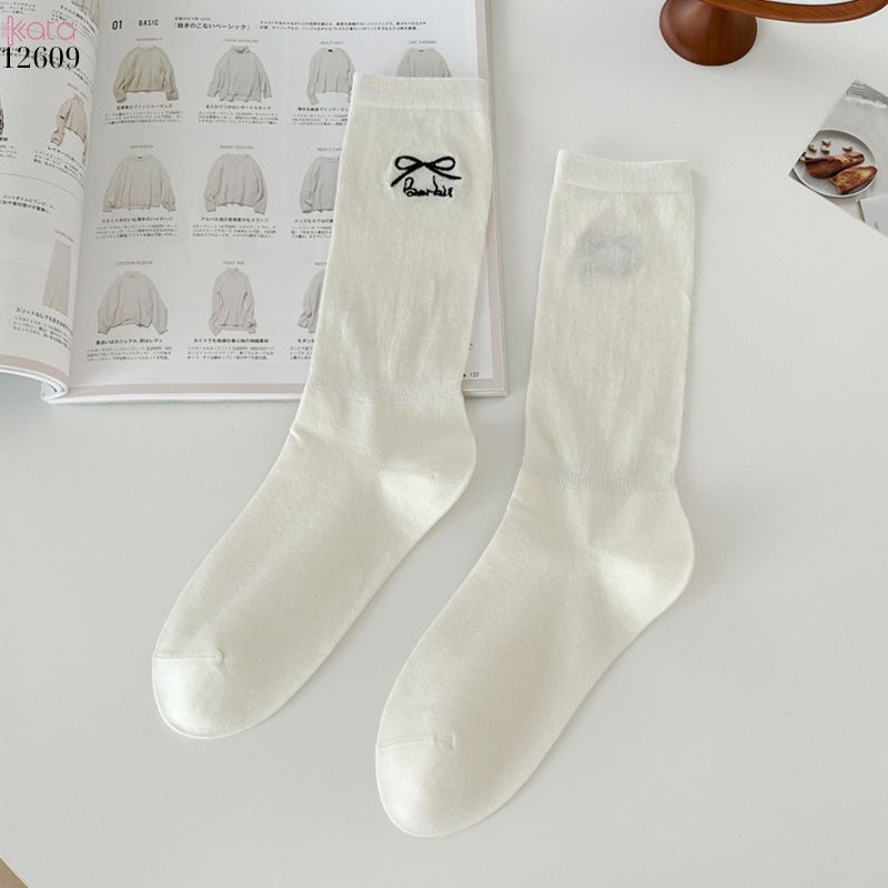 Tất thêu nơ 100% cotton,tất giữa bắp chân kiểu ba lê phong cách Nhật 12609