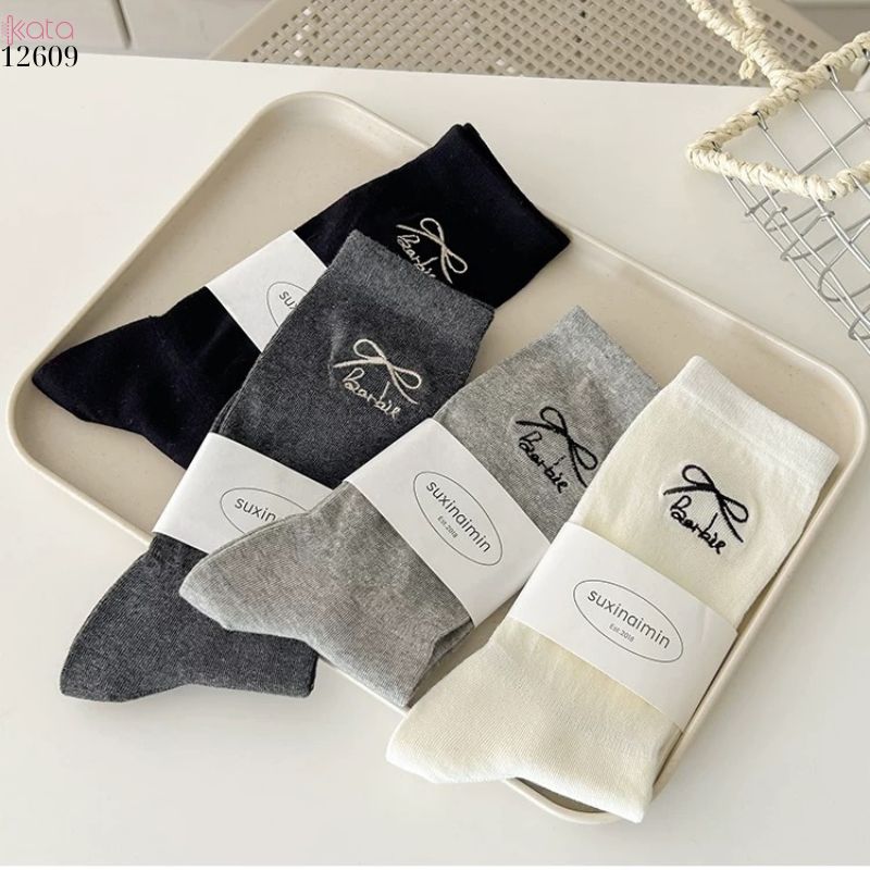 Tất thêu nơ 100% cotton,tất giữa bắp chân kiểu ba lê phong cách Nhật 12609