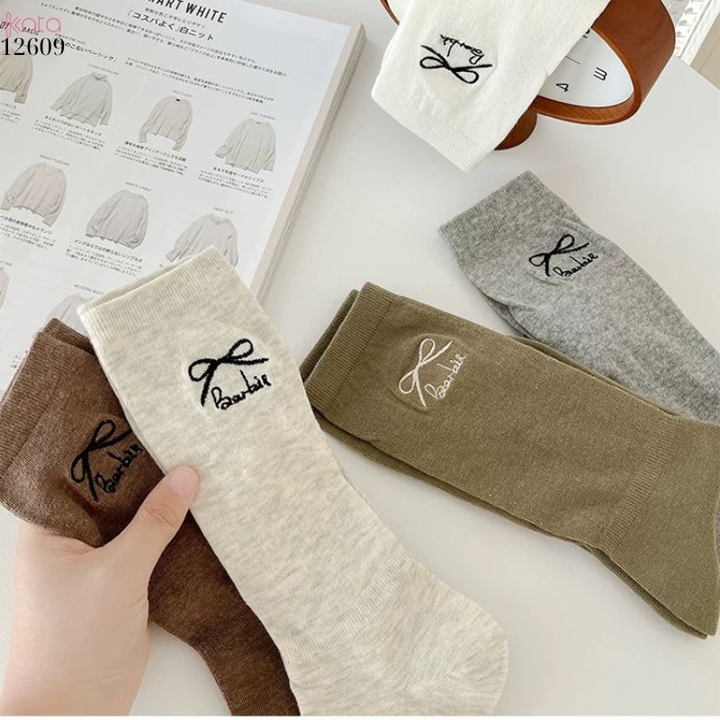 Tất thêu nơ 100% cotton,tất giữa bắp chân kiểu ba lê phong cách Nhật 12609