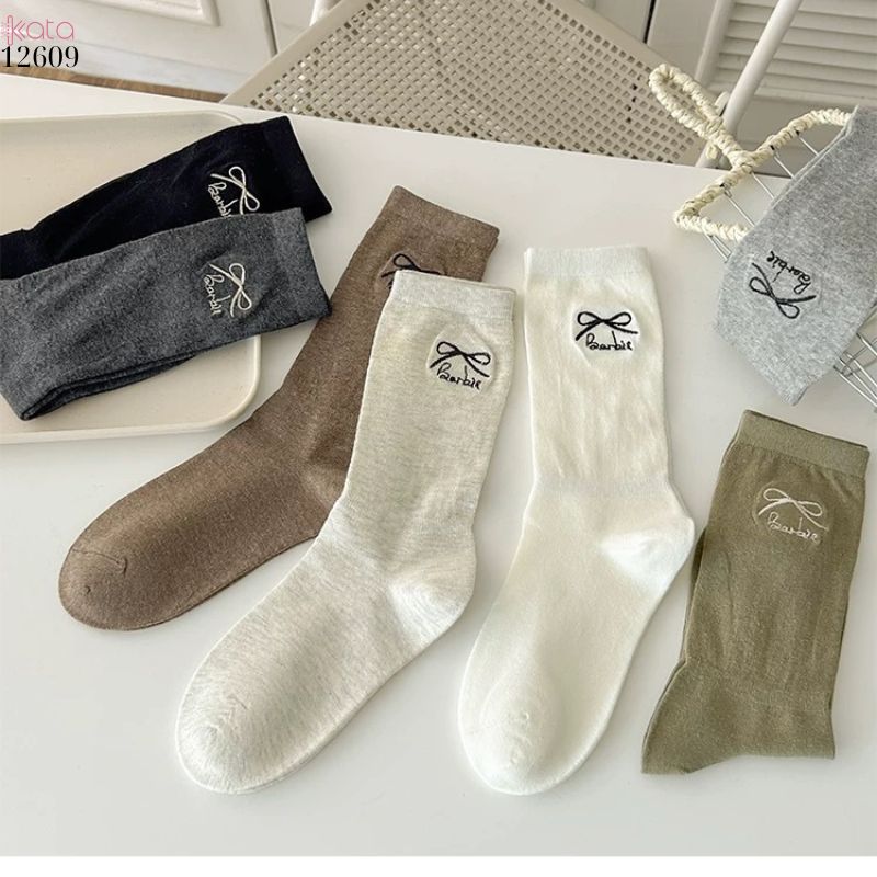 Tất thêu nơ 100% cotton,tất giữa bắp chân kiểu ba lê phong cách Nhật 12609