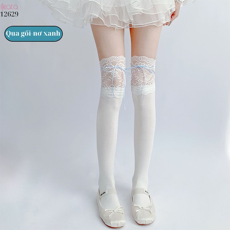 Tất ren trắng buộc ruy băng,tất quá đầu gối lolita dễ thương 12629