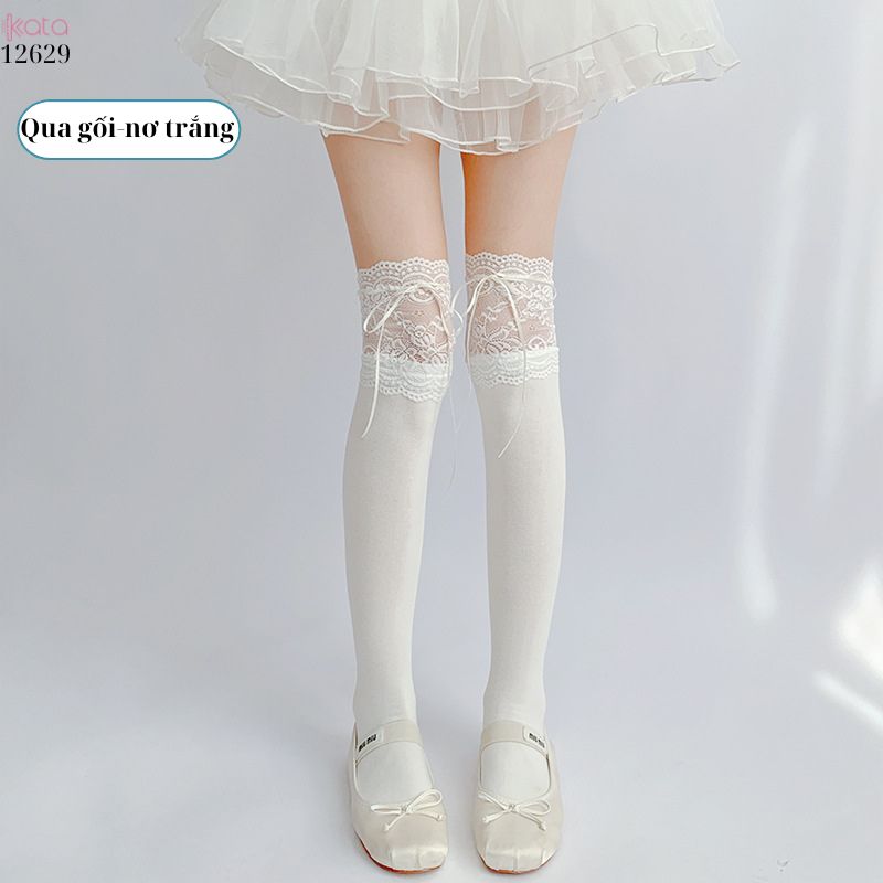 Tất ren trắng buộc ruy băng,tất quá đầu gối lolita dễ thương 12629