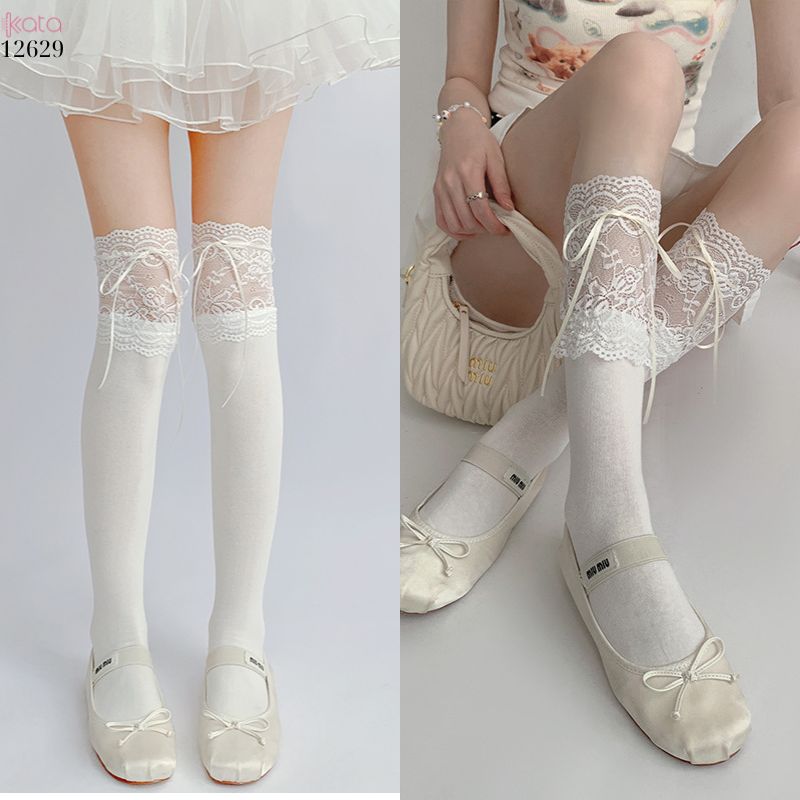 Tất ren trắng buộc ruy băng,tất quá đầu gối lolita dễ thương 12629