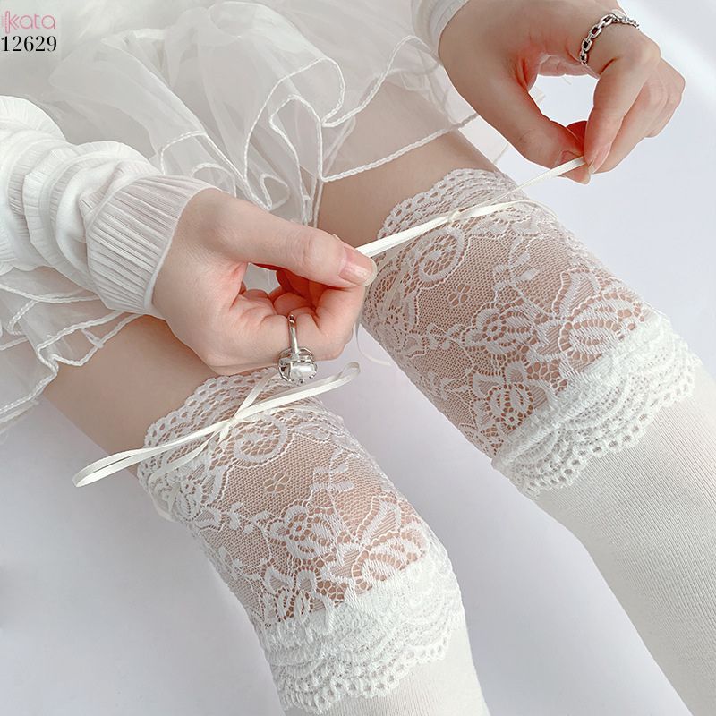 Tất ren trắng buộc ruy băng,tất quá đầu gối lolita dễ thương 12629