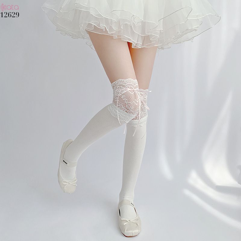 Tất ren trắng buộc ruy băng,tất quá đầu gối lolita dễ thương 12629