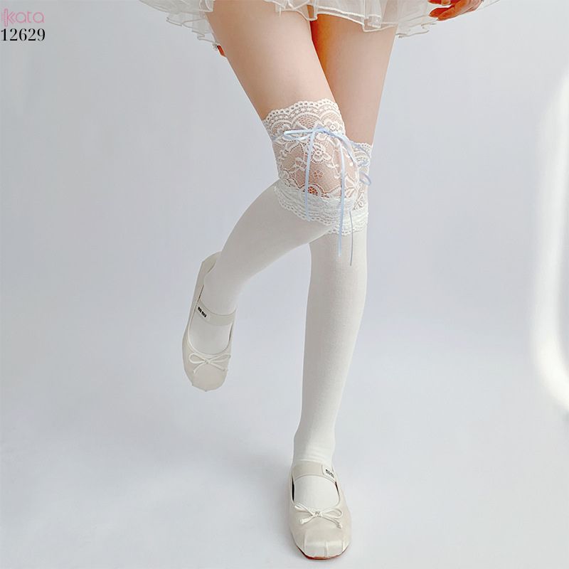 Tất ren trắng buộc ruy băng,tất quá đầu gối lolita dễ thương 12629