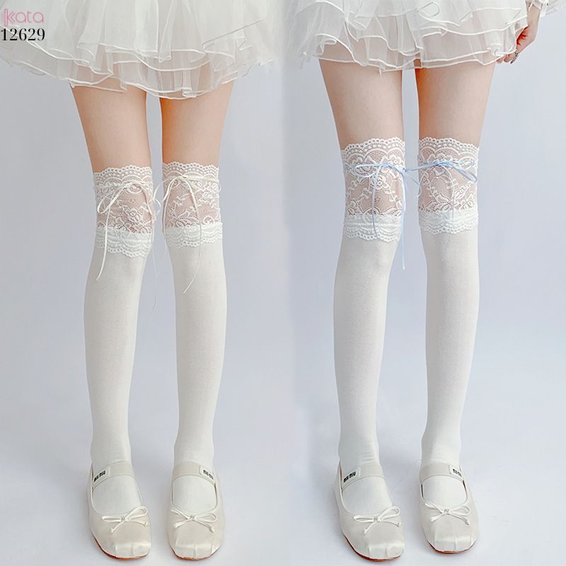 Tất ren trắng buộc ruy băng,tất quá đầu gối lolita dễ thương 12629