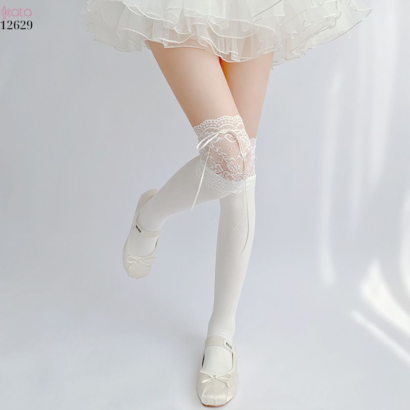 Tất ren trắng buộc ruy băng,tất quá đầu gối lolita dễ thương 12629