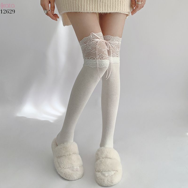 Tất ren trắng buộc ruy băng,tất quá đầu gối lolita dễ thương 12629