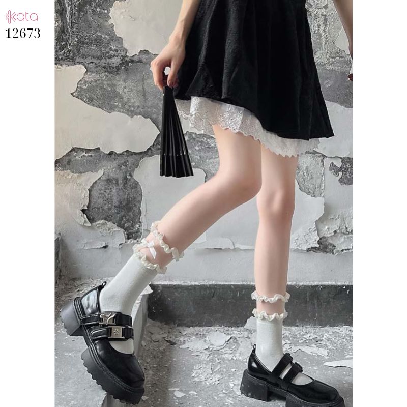 Tất ren trắng mùa hè,tất ruy băng JK lolita giữa bắp chân 12673