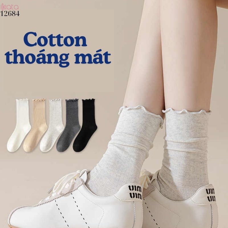 Tất retro viền ren 100% cotton thấm hút mồ hôi tốt,tất mỏng thu đông 12684