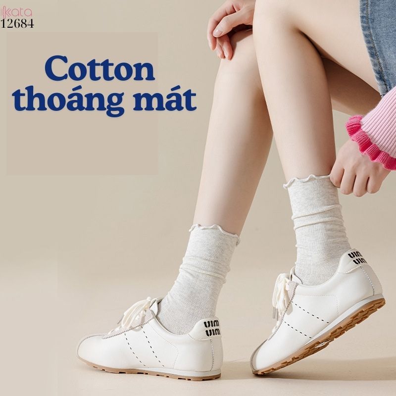 Tất retro viền ren 100% cotton thấm hút mồ hôi tốt,tất mỏng thu đông 12684