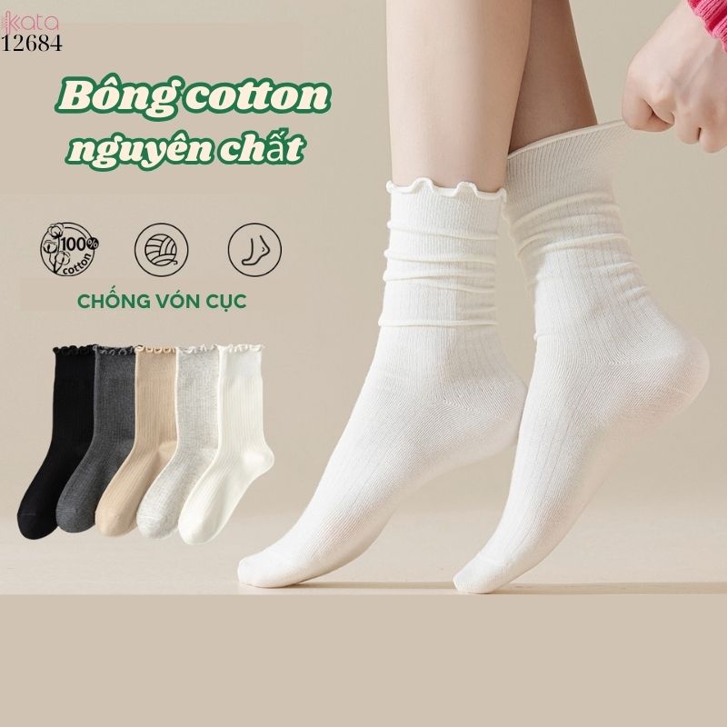 Tất retro viền ren 100% cotton thấm hút mồ hôi tốt,tất mỏng thu đông 12684