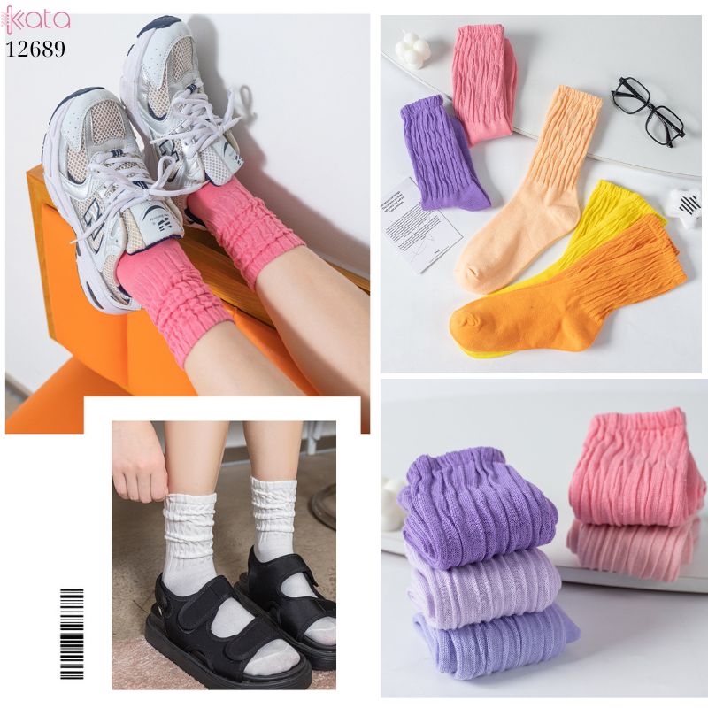 Tất cotton xoắn màu trơn,tất nữ thời trang giữa bắp chân màu kẹo ngọt 12689