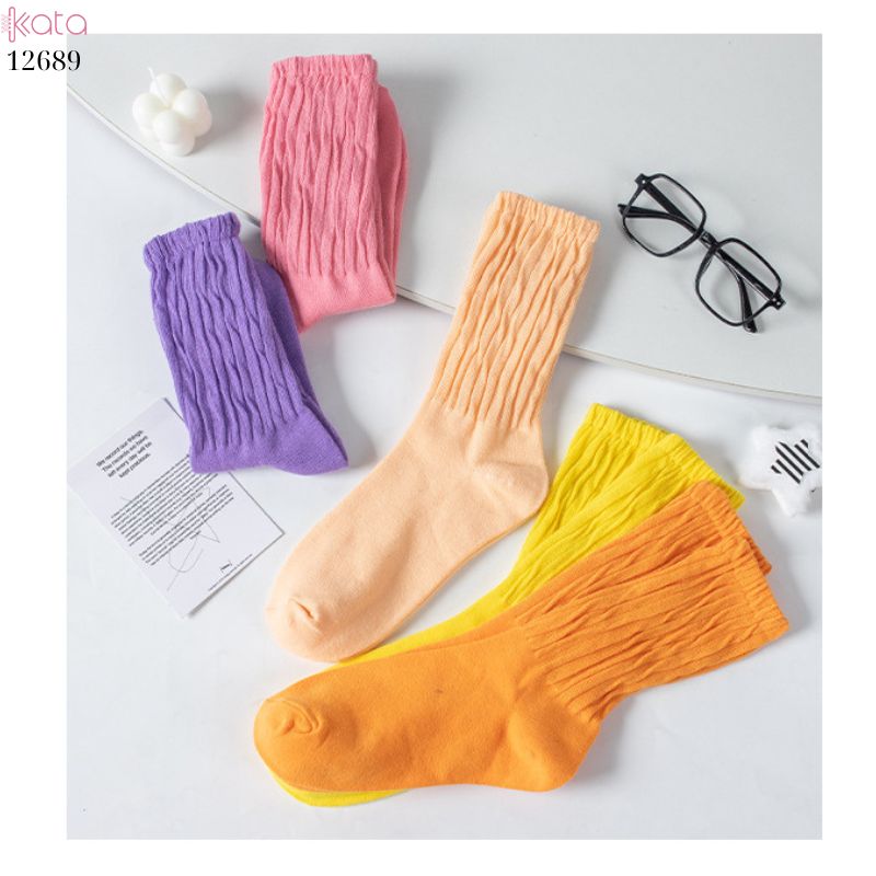 Tất cotton xoắn màu trơn,tất nữ thời trang giữa bắp chân màu kẹo ngọt 12689