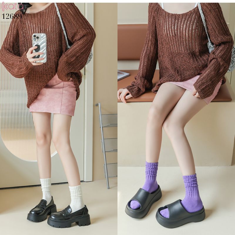 Tất cotton xoắn màu trơn,tất nữ thời trang giữa bắp chân màu kẹo ngọt 12689