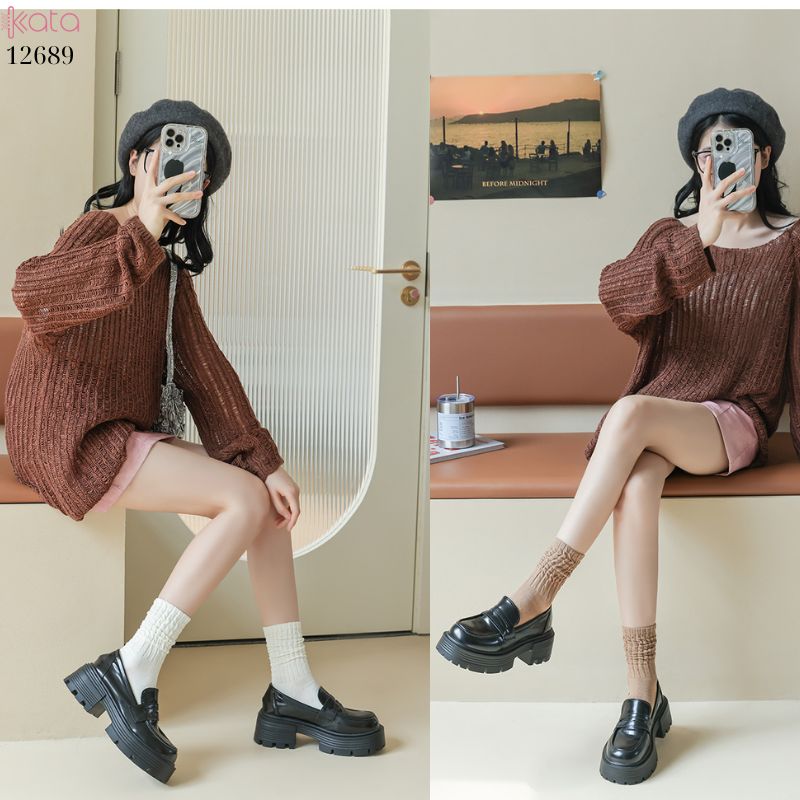 Tất cotton xoắn màu trơn,tất nữ thời trang giữa bắp chân màu kẹo ngọt 12689