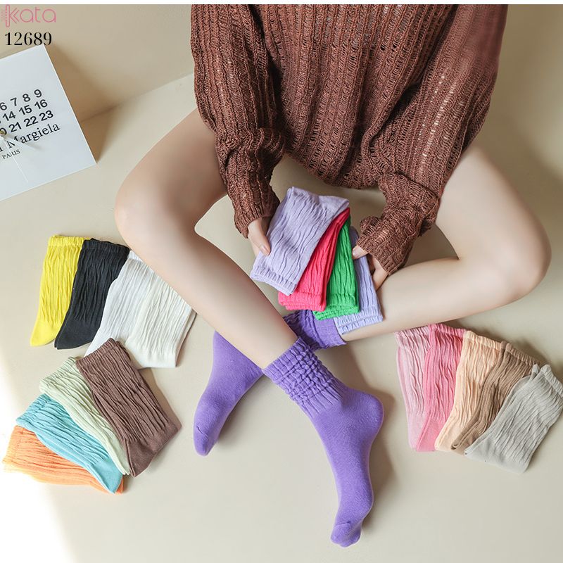 Tất cotton xoắn màu trơn,tất nữ thời trang giữa bắp chân màu kẹo ngọt 12689