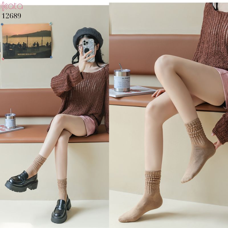 Tất cotton xoắn màu trơn,tất nữ thời trang giữa bắp chân màu kẹo ngọt 12689