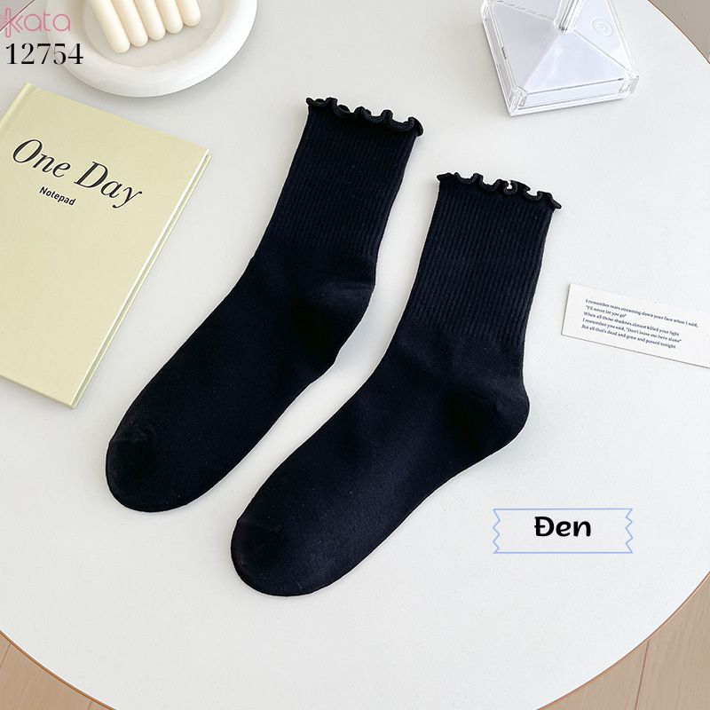 Tất ren nấm cuộn mép,vải bông mềm mịn, tất nữ sinh giữa bắp chân jk 12754