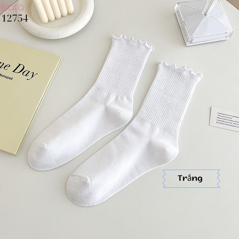 Tất ren nấm cuộn mép,vải bông mềm mịn, tất nữ sinh giữa bắp chân jk 12754