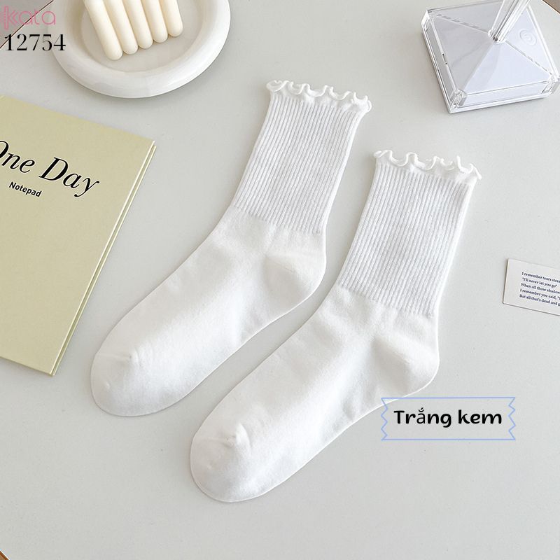 Tất ren nấm cuộn mép,vải bông mềm mịn, tất nữ sinh giữa bắp chân jk 12754