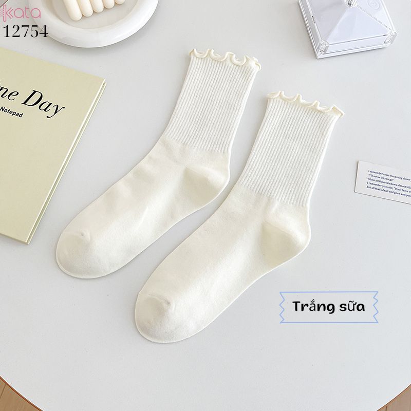 Tất ren nấm cuộn mép,vải bông mềm mịn, tất nữ sinh giữa bắp chân jk 12754