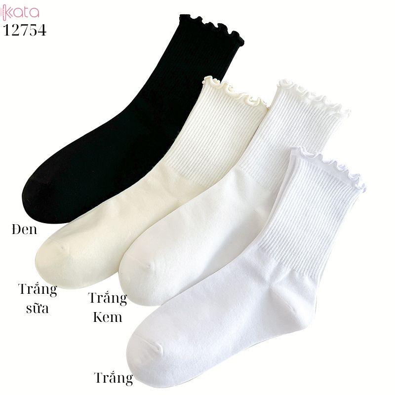 Tất ren nấm cuộn mép,vải bông mềm mịn, tất nữ sinh giữa bắp chân jk 12754
