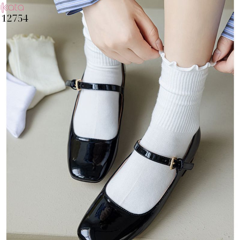 Tất ren nấm cuộn mép,vải bông mềm mịn, tất nữ sinh giữa bắp chân jk 12754