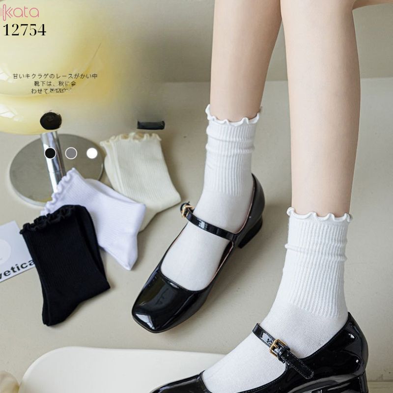 Tất ren nấm cuộn mép,vải bông mềm mịn, tất nữ sinh giữa bắp chân jk 12754