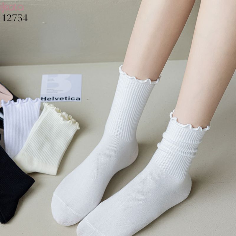 Tất ren nấm cuộn mép,vải bông mềm mịn, tất nữ sinh giữa bắp chân jk 12754