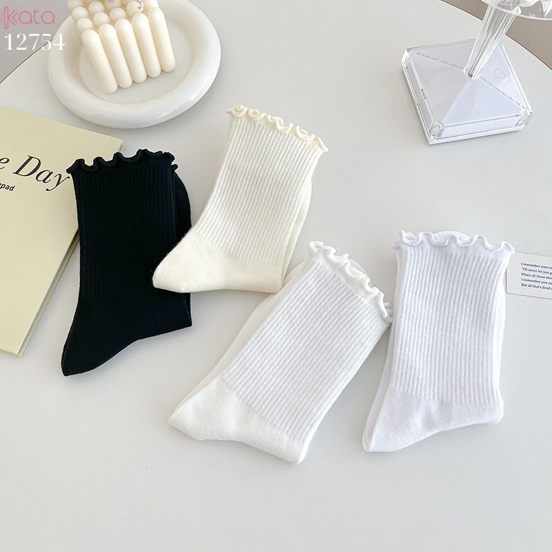 Tất ren nấm cuộn mép,vải bông mềm mịn, tất nữ sinh giữa bắp chân jk 12754