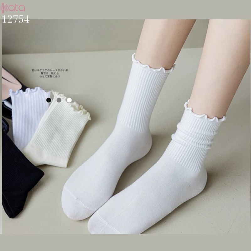 Tất ren nấm cuộn mép,vải bông mềm mịn, tất nữ sinh giữa bắp chân jk 12754
