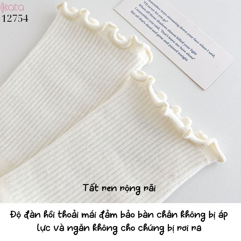 Tất ren nấm cuộn mép,vải bông mềm mịn, tất nữ sinh giữa bắp chân jk 12754