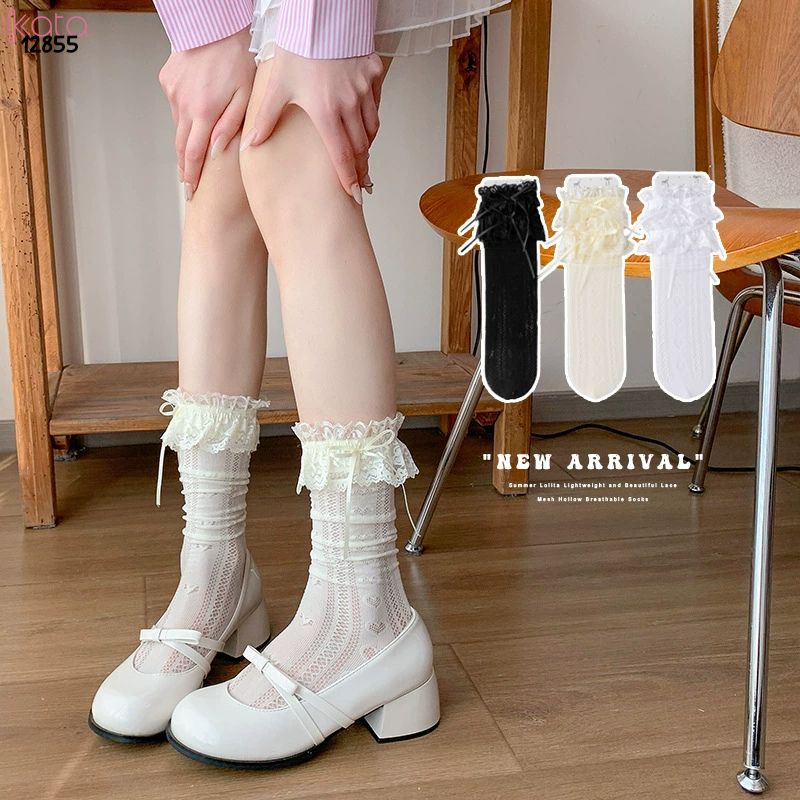Tất ren ruy băng mỏng Lolita,vớ bắp chân phong cách  phong cách Mary Jane JK 12855