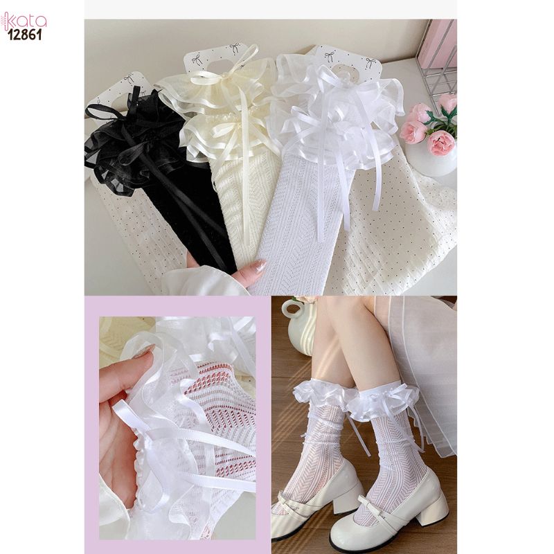 Tất ren nơ lolita cao cấp,vớ bắp chân ren mỏng mùa hè 12861