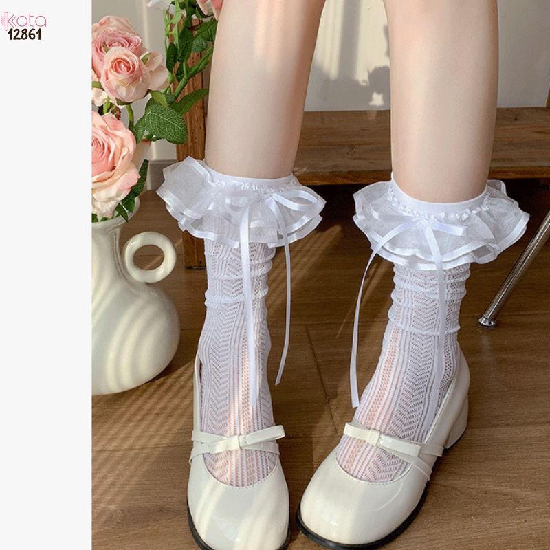 Tất ren nơ lolita cao cấp,vớ bắp chân ren mỏng mùa hè 12861