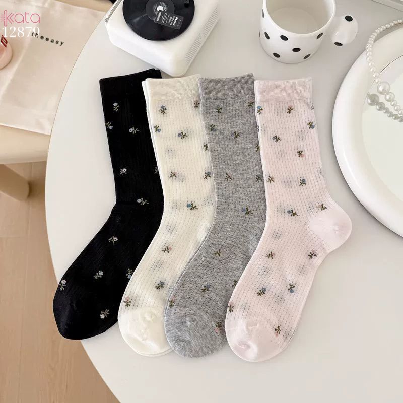 Tất bông mềm mịn hoa retro,vớ giữa bắp chân lưới thoáng khí xuân hè 12879