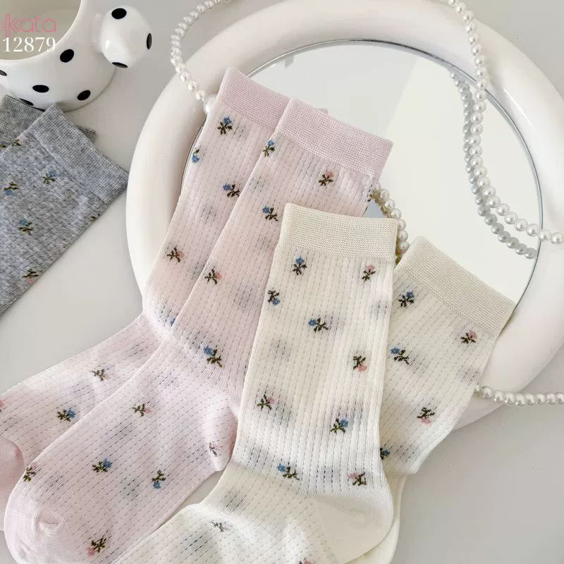 Tất bông mềm mịn hoa retro,vớ giữa bắp chân lưới thoáng khí xuân hè 12879