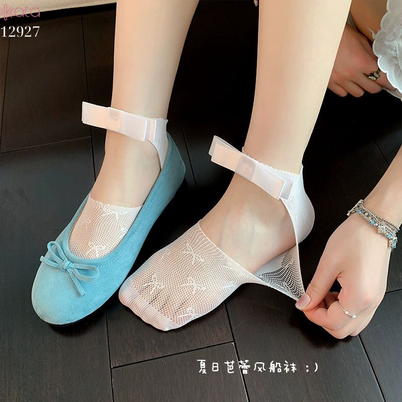 Tất ren mỏng nơ mùa hè,vớ thuyền Lolita không rớt gót,phong cách Hàn Quốc Balletcore 12928