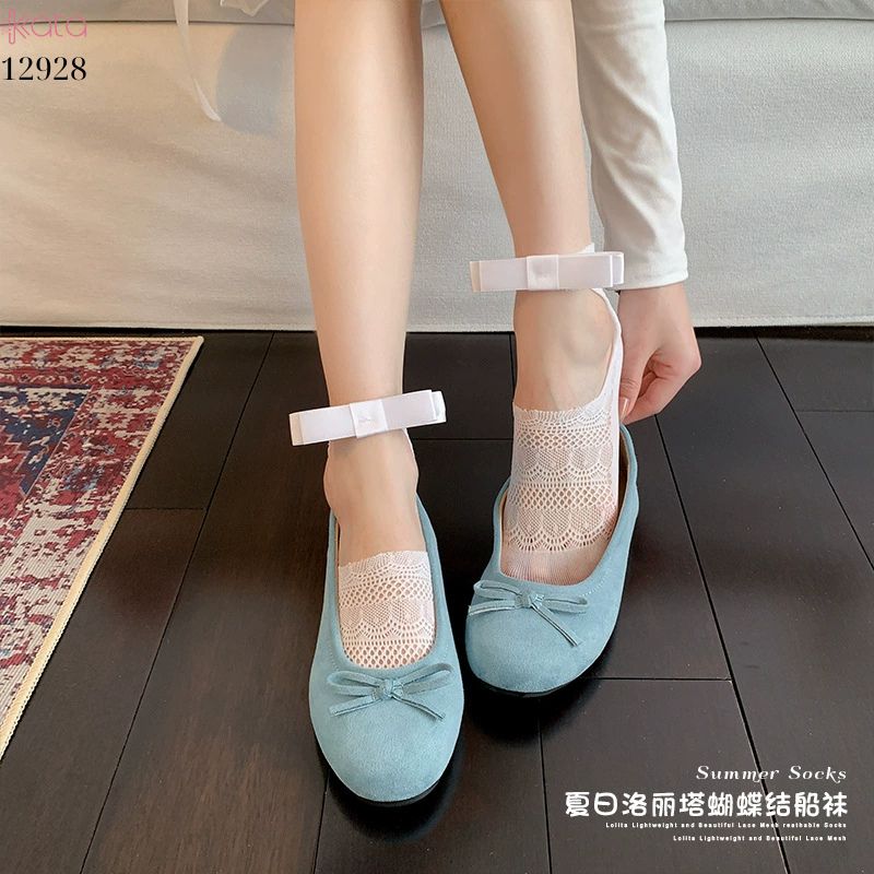 Tất ren mỏng nơ mùa hè,vớ thuyền Lolita không rớt gót,phong cách Hàn Quốc Balletcore 12928
