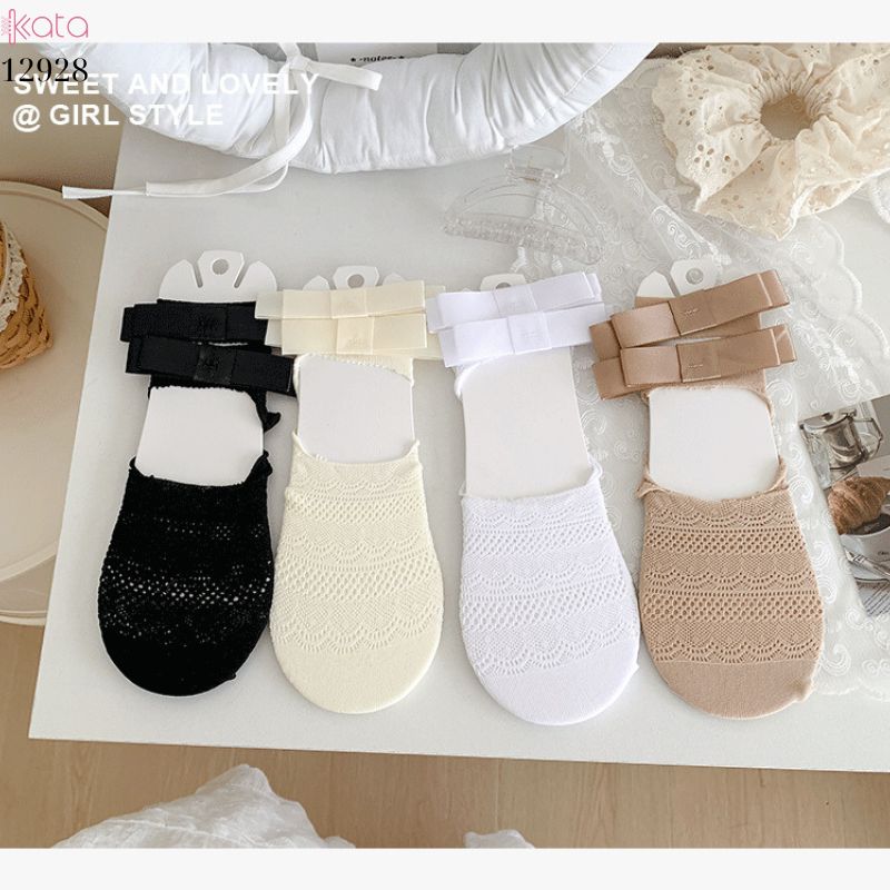 Tất ren mỏng nơ mùa hè,vớ thuyền Lolita không rớt gót,phong cách Hàn Quốc Balletcore 12928