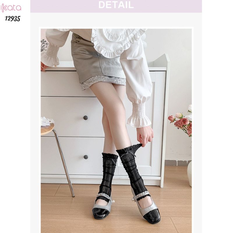 Ống tất nơ lolita,vớ ống chân vải ren ruy băng 12935